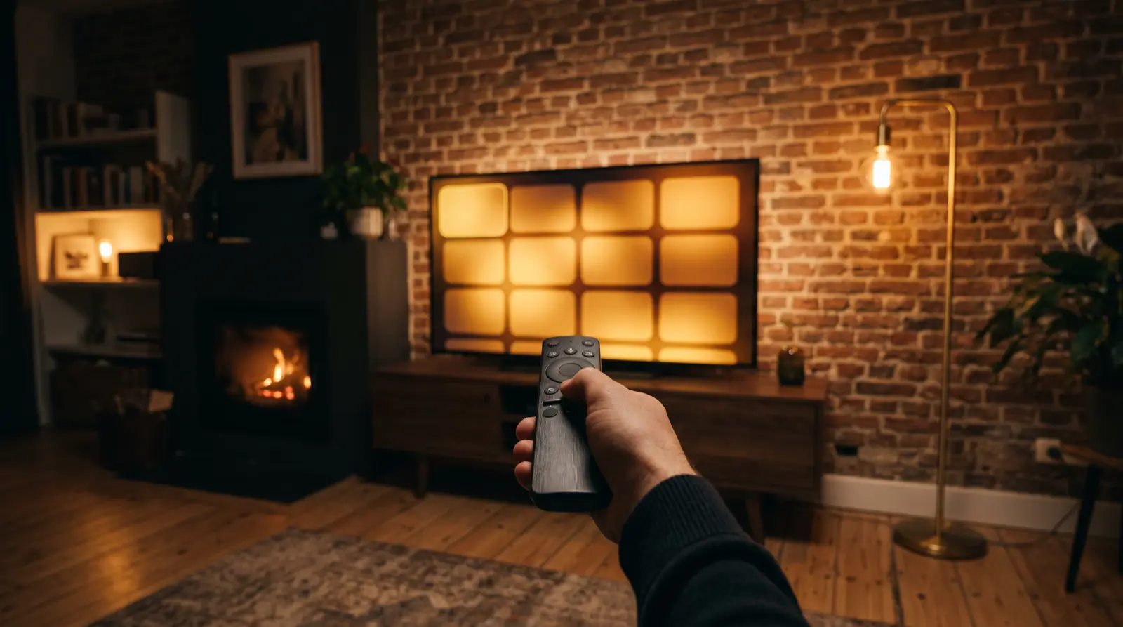 Hand met afstandsbediening gericht op een televisie met een warm oplichtend raster van tegels