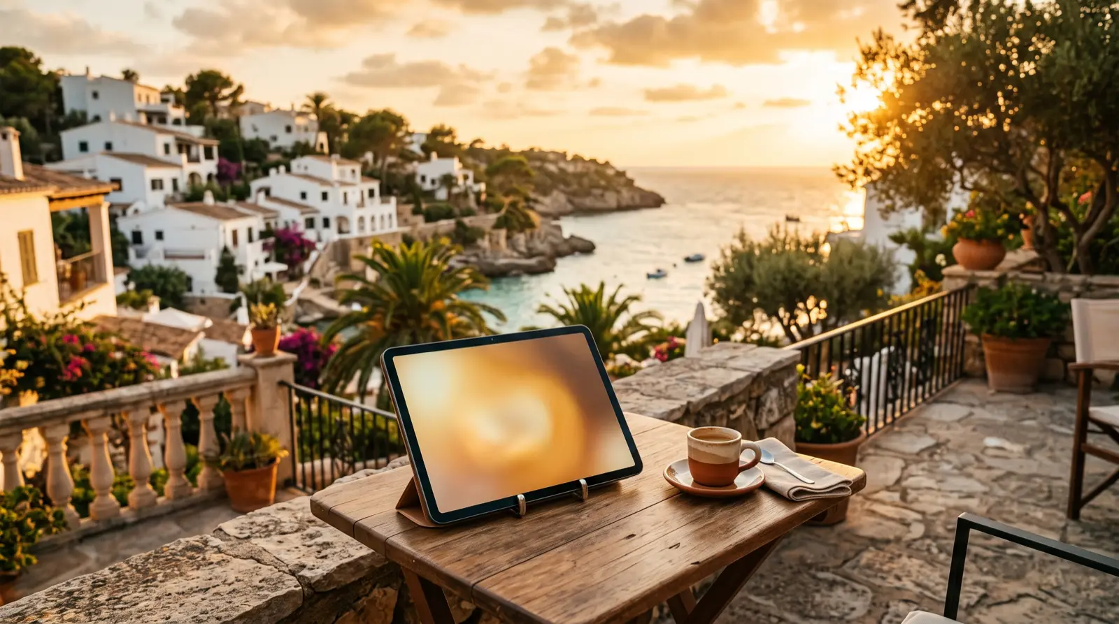 Tablet op een terrastafel bij zonsondergang aan de Middellandse Zee