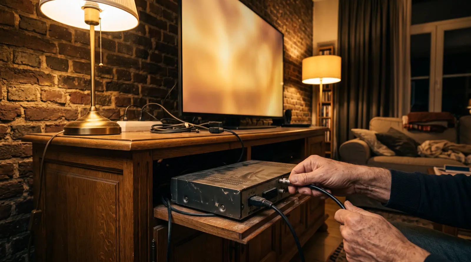 Handen koppelen een oude decoder los achter een tv-meubel, met een stoffige coaxkabel
