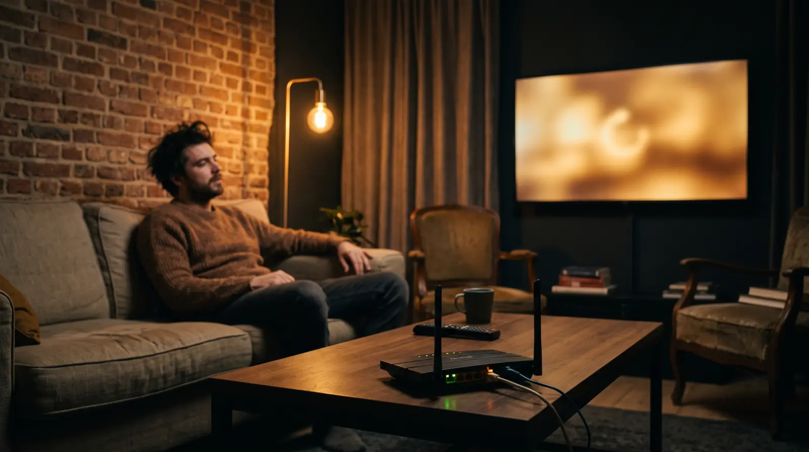 Kijker op de bank voor een haperende televisie, met een router scherp op de voorgrond