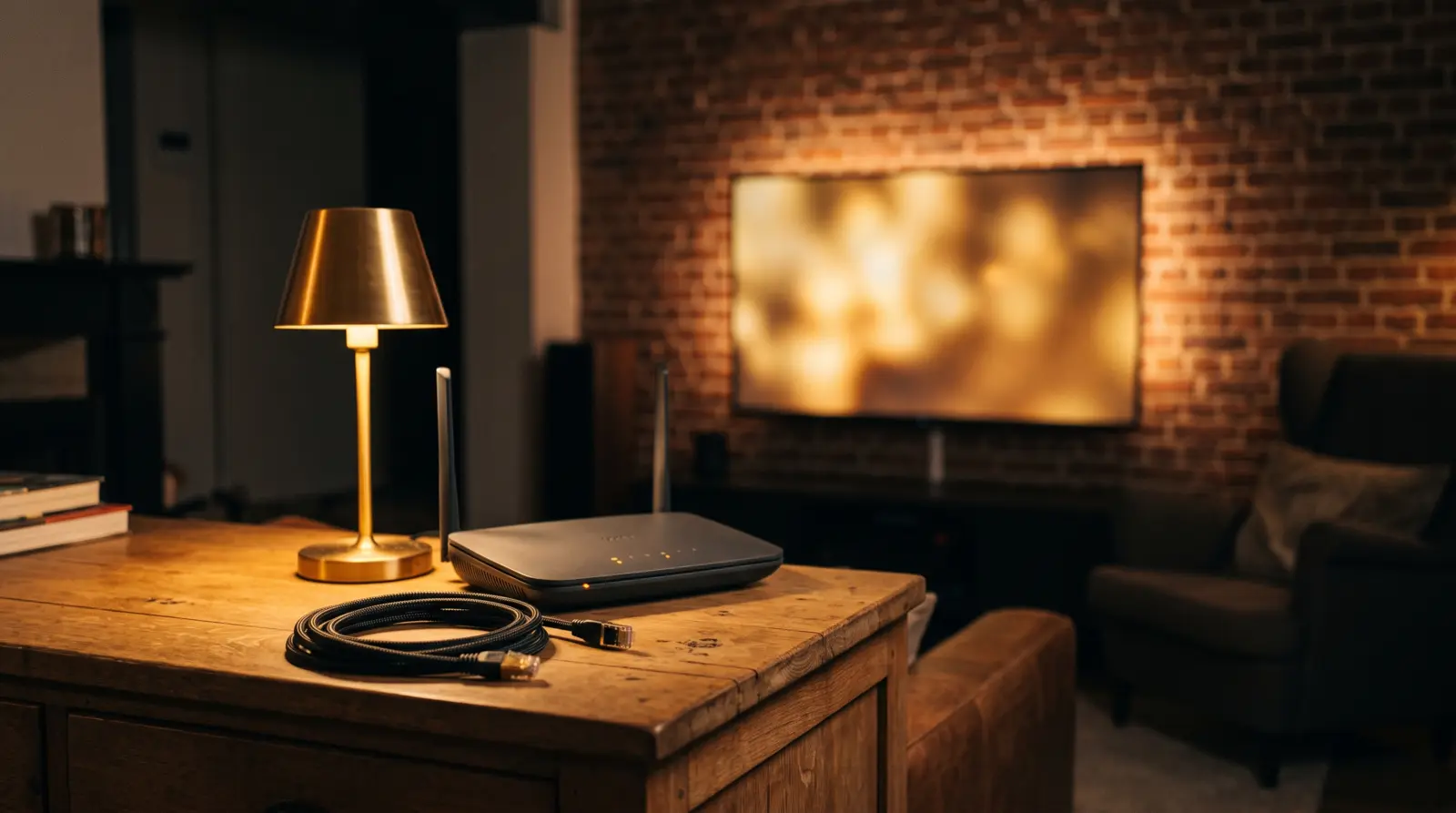 Router met netwerkkabel op een houten kast, met een oplichtende televisie op de achtergrond