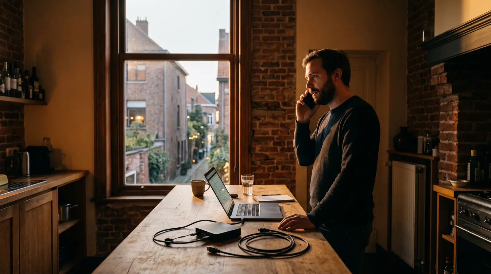 Man belt aan het aanrecht met een laptop voor zich en een losgekoppelde decoder ernaast
