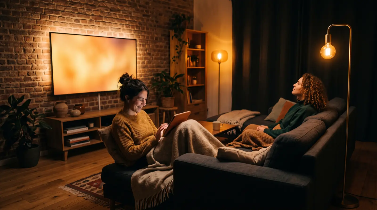 Twee huisgenoten kijken tegelijk iets anders, op televisie en op een tablet