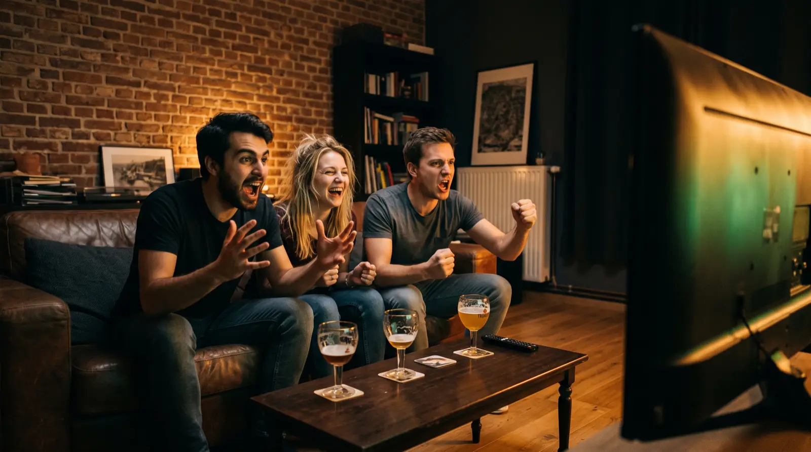 Drie vrienden op de bank reageren op een match, warm schermlicht over hun gezichten