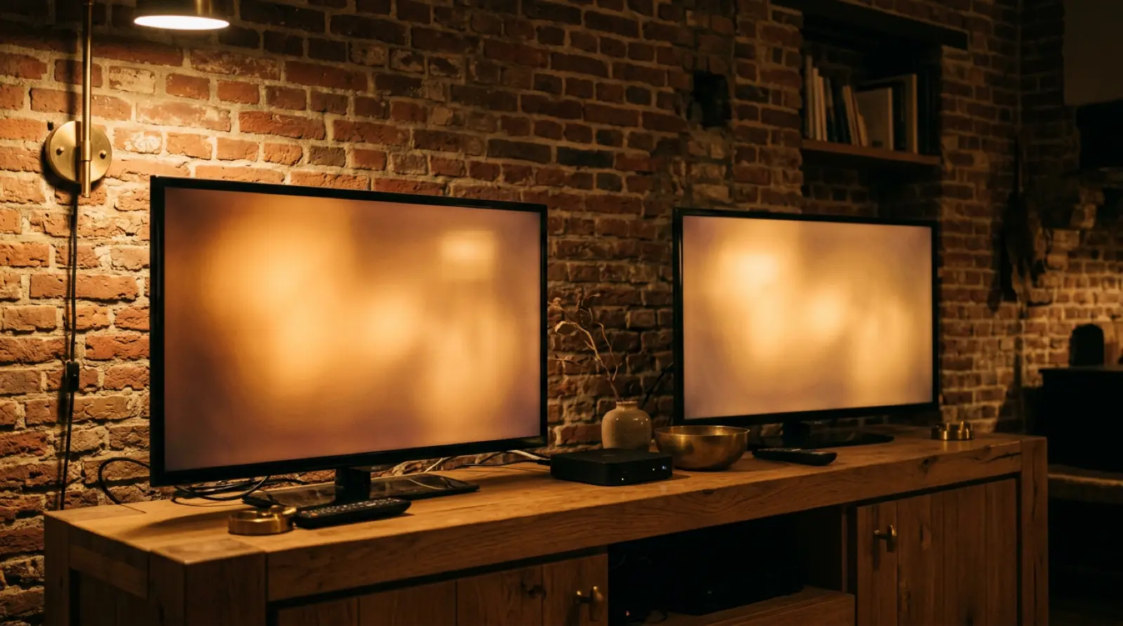 Twee televisies naast elkaar op een houten console in een donker verlichte ruimte