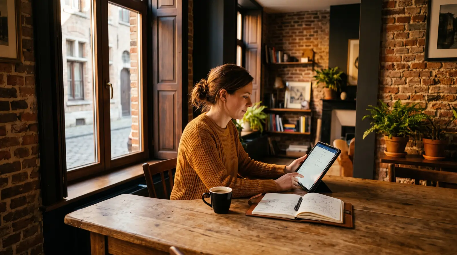Iemand vergelijkt abonnementen op een tablet aan een houten tafel in een Belgisch rijhuis