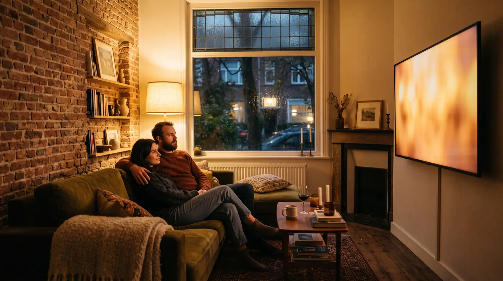 Koppel kijkt 's avonds samen televisie in een Vlaamse woonkamer met bakstenen muur