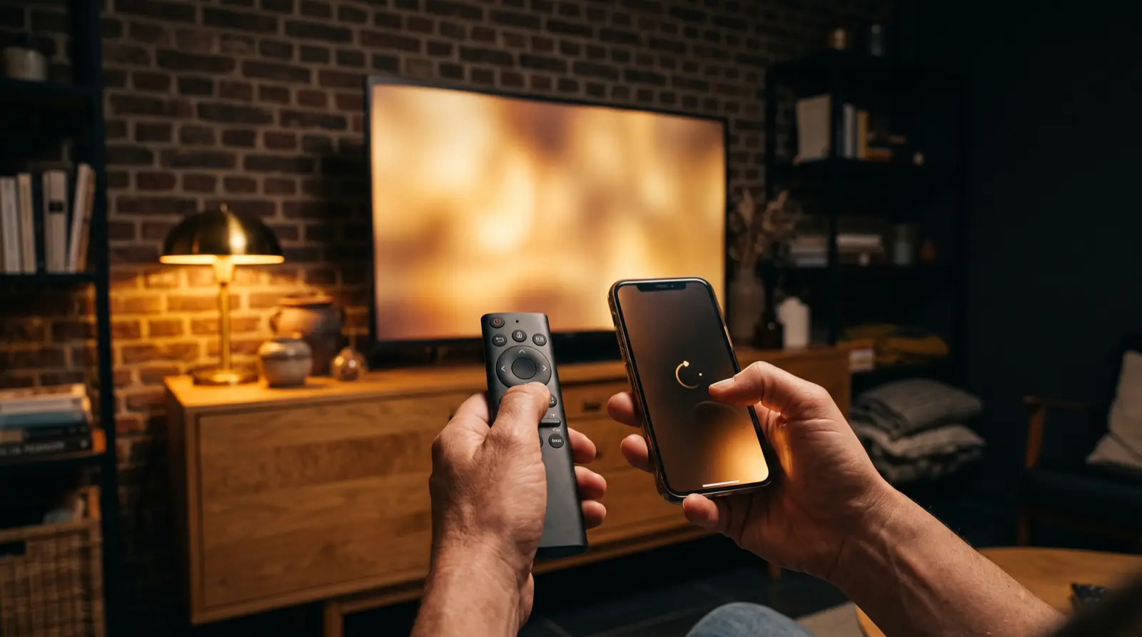 Handen met een afstandsbediening en een gsm voor een warm oplichtende televisie