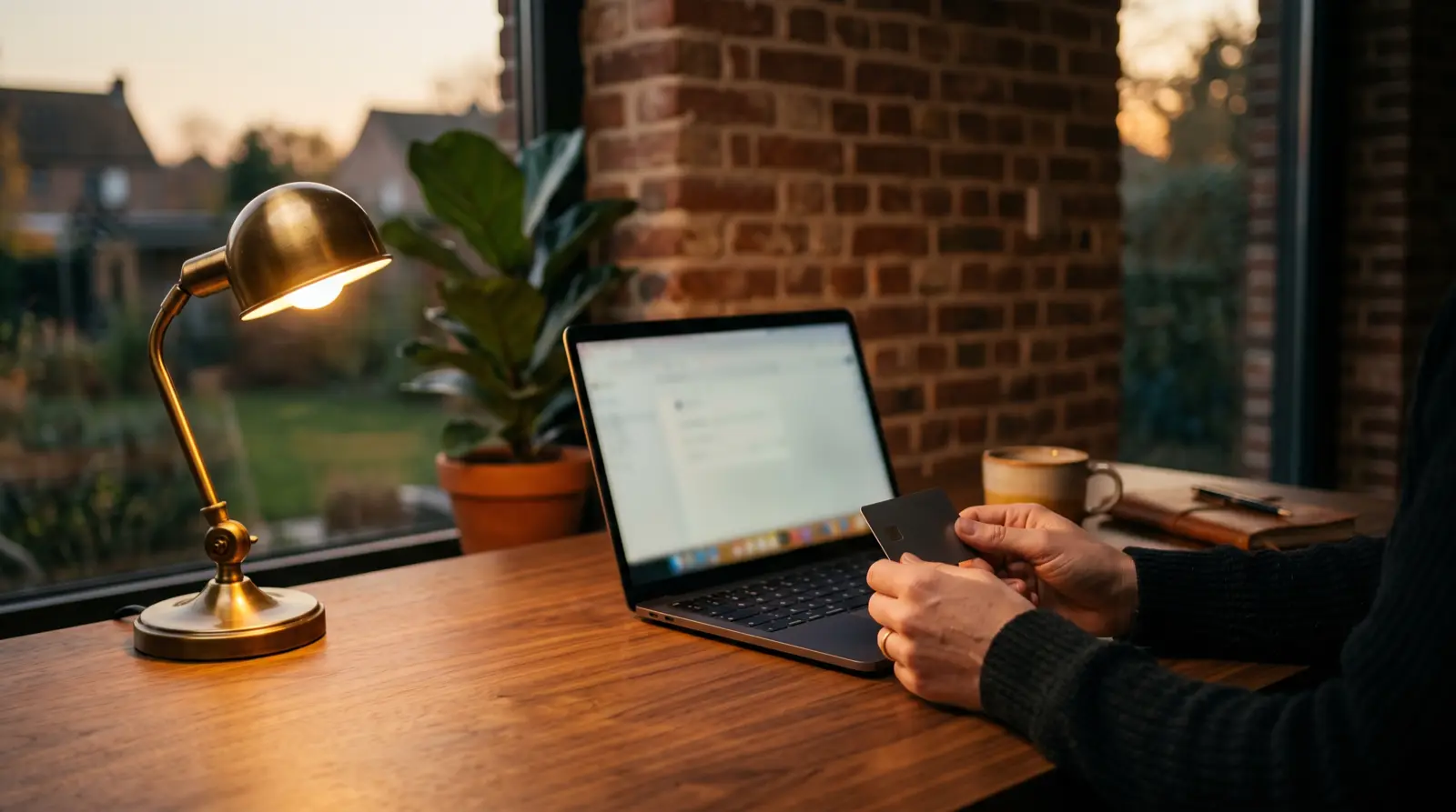 Handen met een bankkaart naast een laptop op een warm verlicht bureau
