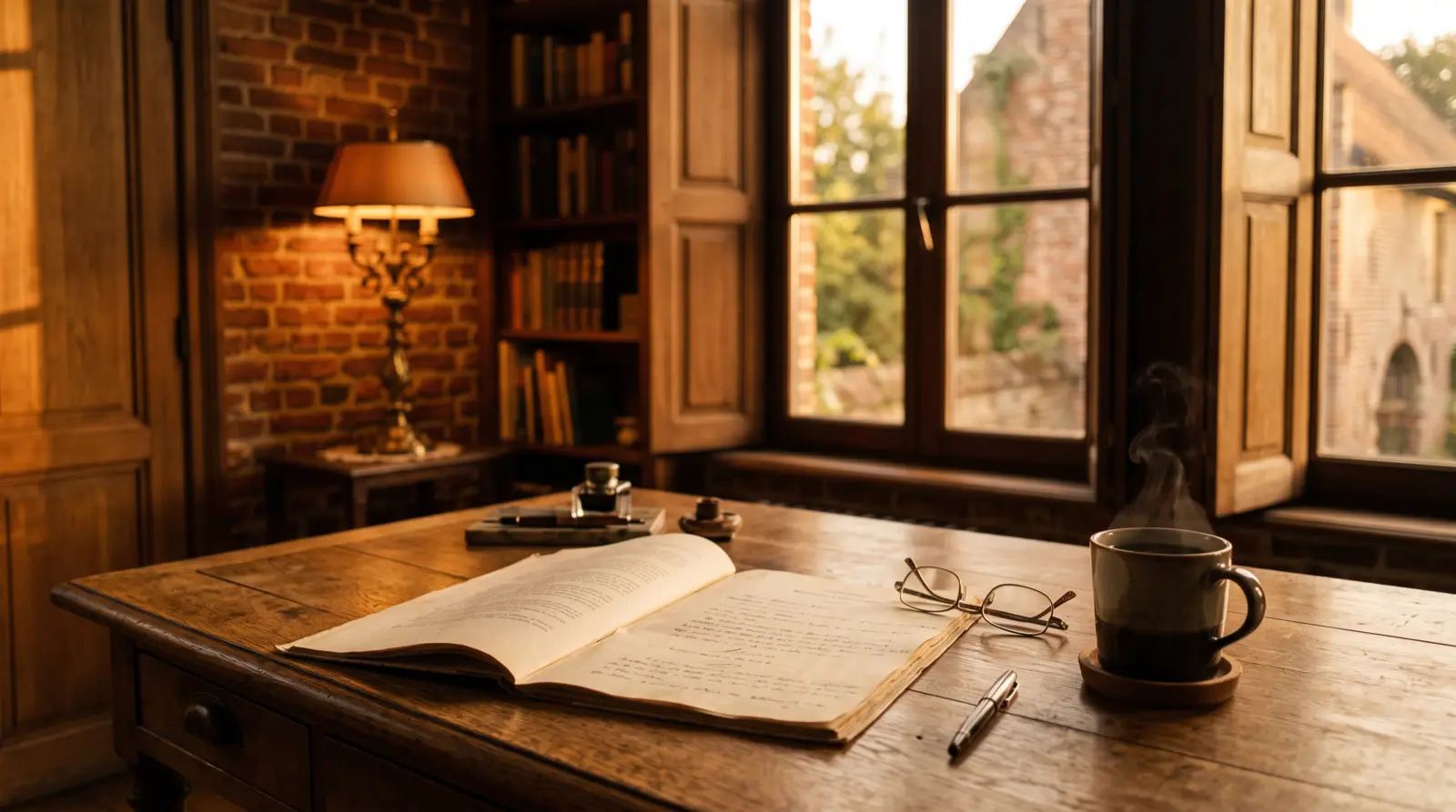 Document en leesbril op een houten tafel bij warm daglicht