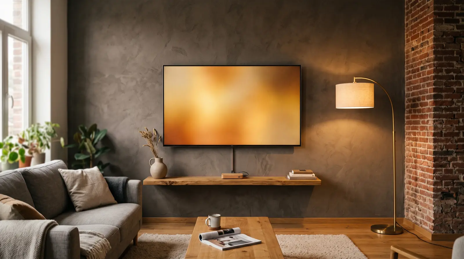 Grote Smart TV aan een warme muur met een streamingstick op de plank eronder