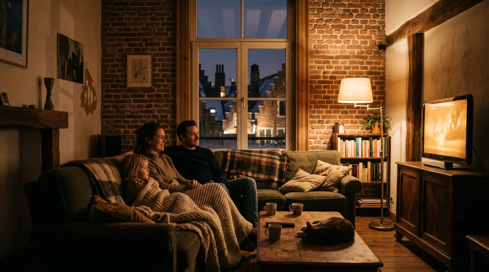Gezin kijkt televisie in een Vlaams rijhuis met trapgevels zichtbaar door het raam