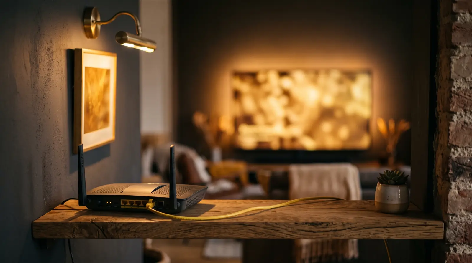 Router en netwerkkabel op een houten plank, met op de achtergrond een warm oplichtende televisie